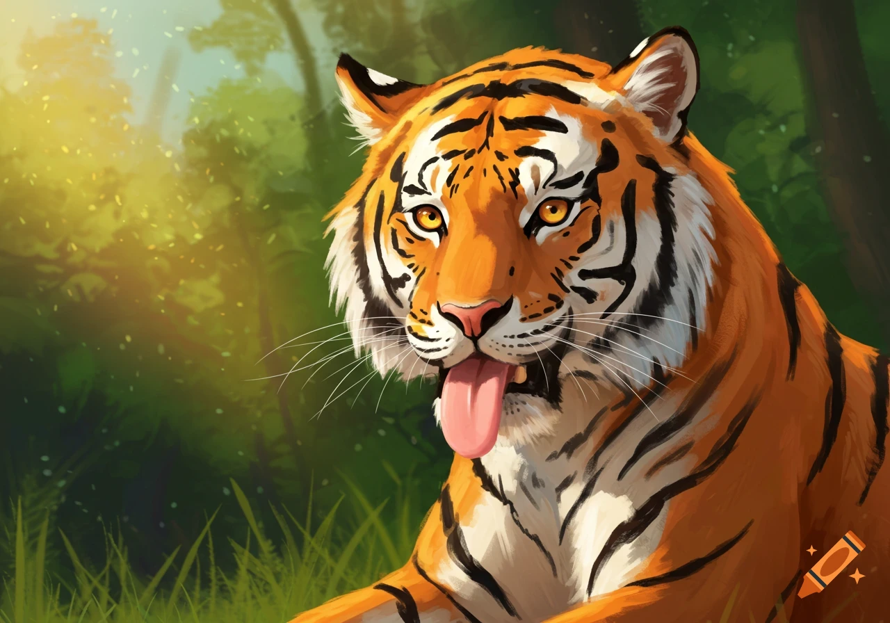 A digital painting of a tiger with its tongue sticking out in a jungle setting.