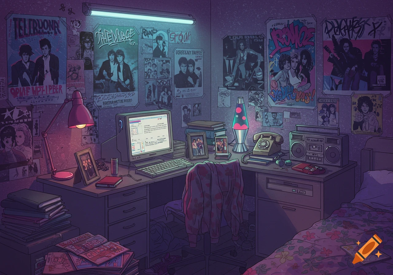 A cluttered 1980s teenager's bedroom with posters, a desktop computer, lava lamp, phone, and boombox.
