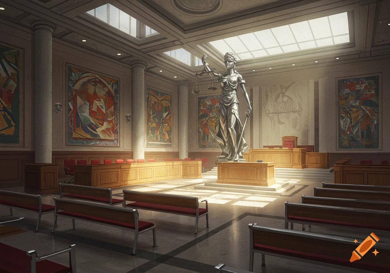 A grand courtroom interior with a large statue of Lady Justice bathed in sunlight, abstract paintings on the walls, and rows of benches.