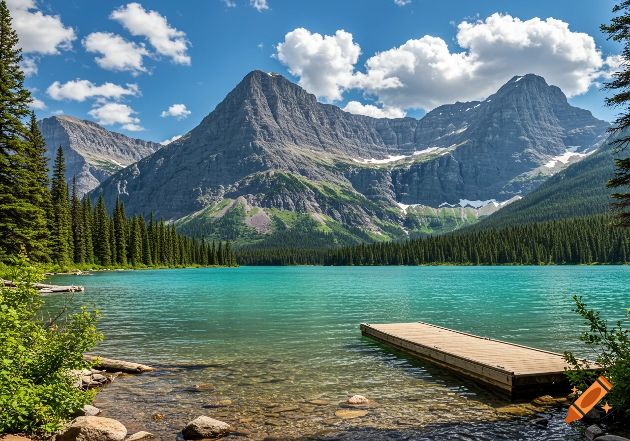 A serene mountain lake with turquoise water, surrounded by evergreen forests and jagged peaks, under a blue sky. A wooden dock extends into the lake.