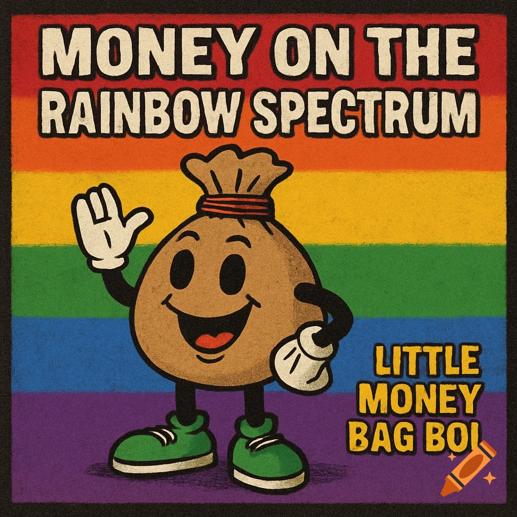 Cartoon money bag character against rainbow background with text.