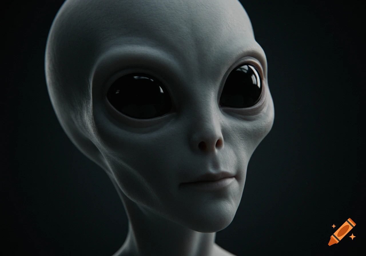 Close-up photorealistic portrait of a Grey alien with large black eyes.