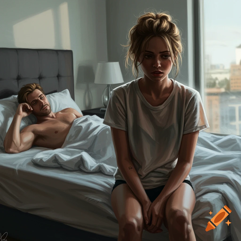 A woman sits on the edge of a bed while a man lies behind her, in a digital painting.