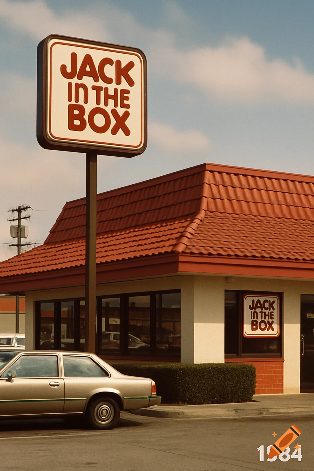 Vintage photo of a Jack in the Box restaurant with a car in 1984.
