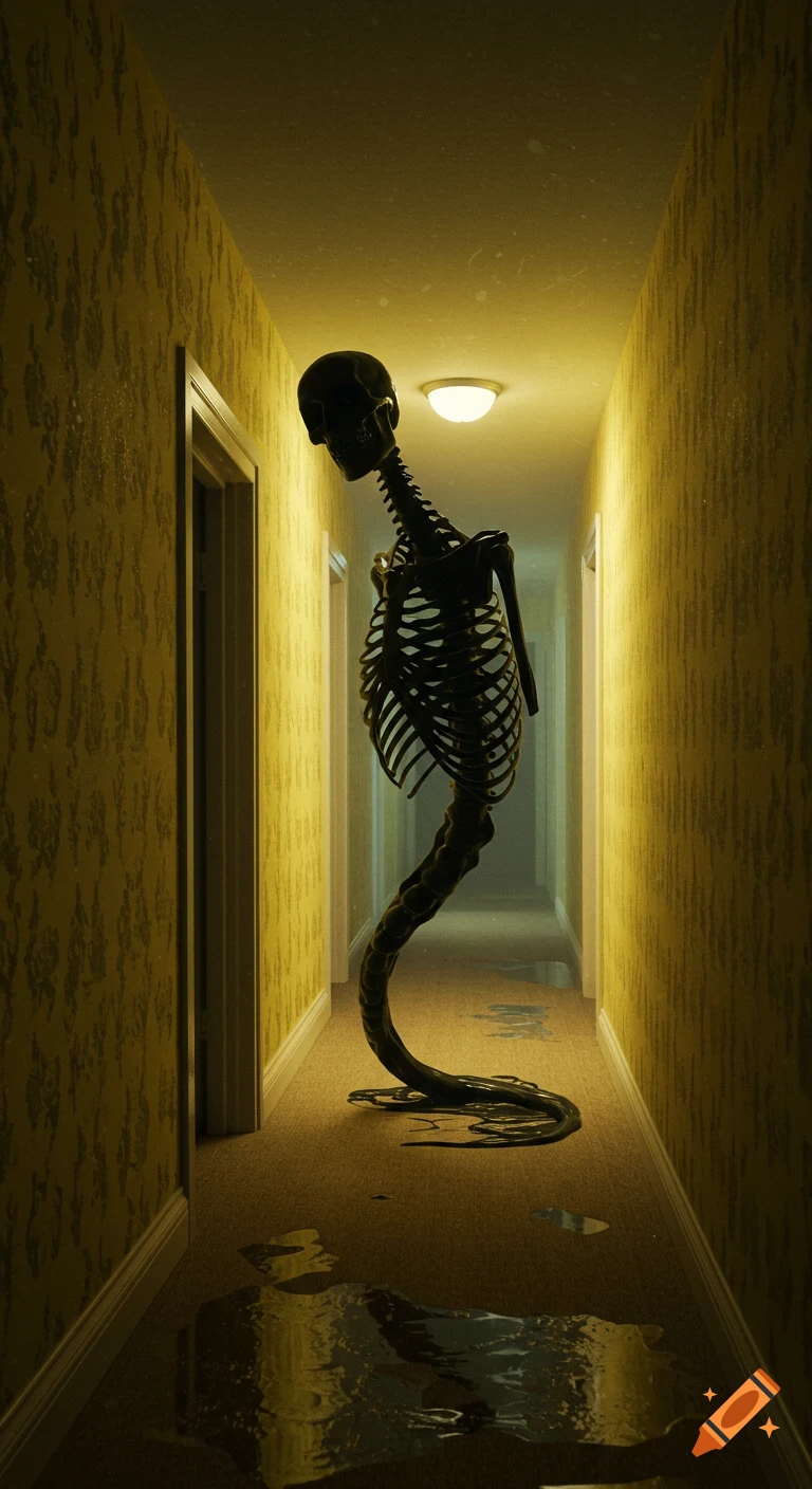An elongated, slimy black skeleton stands in a yellow hallway with a moist brown carpet.