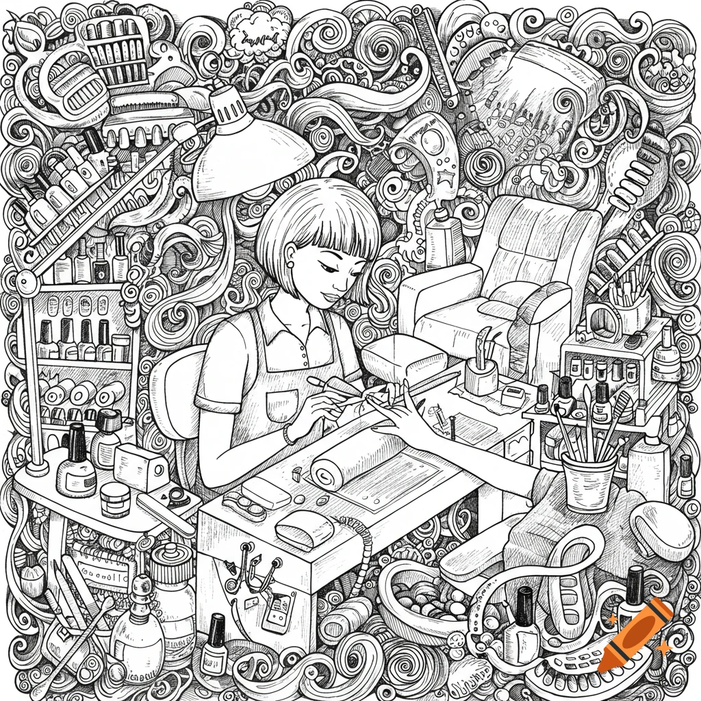 A black and white illustration of a woman giving a manicure in a busy nail salon scene.