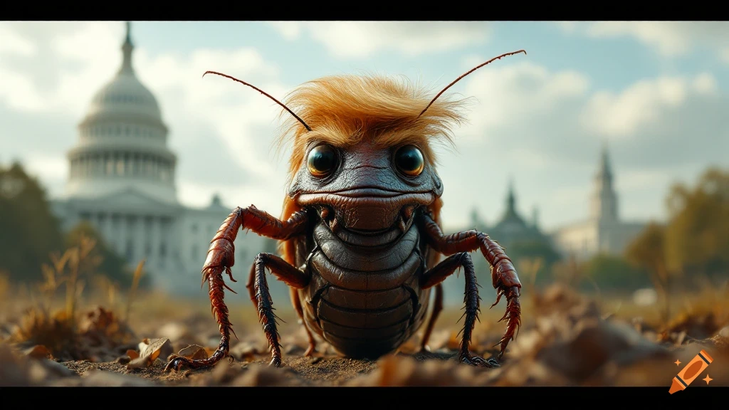 Photorealistic image of a cockroach with a distinctive hairstyle and small hands, standing in front of blurred government buildings.