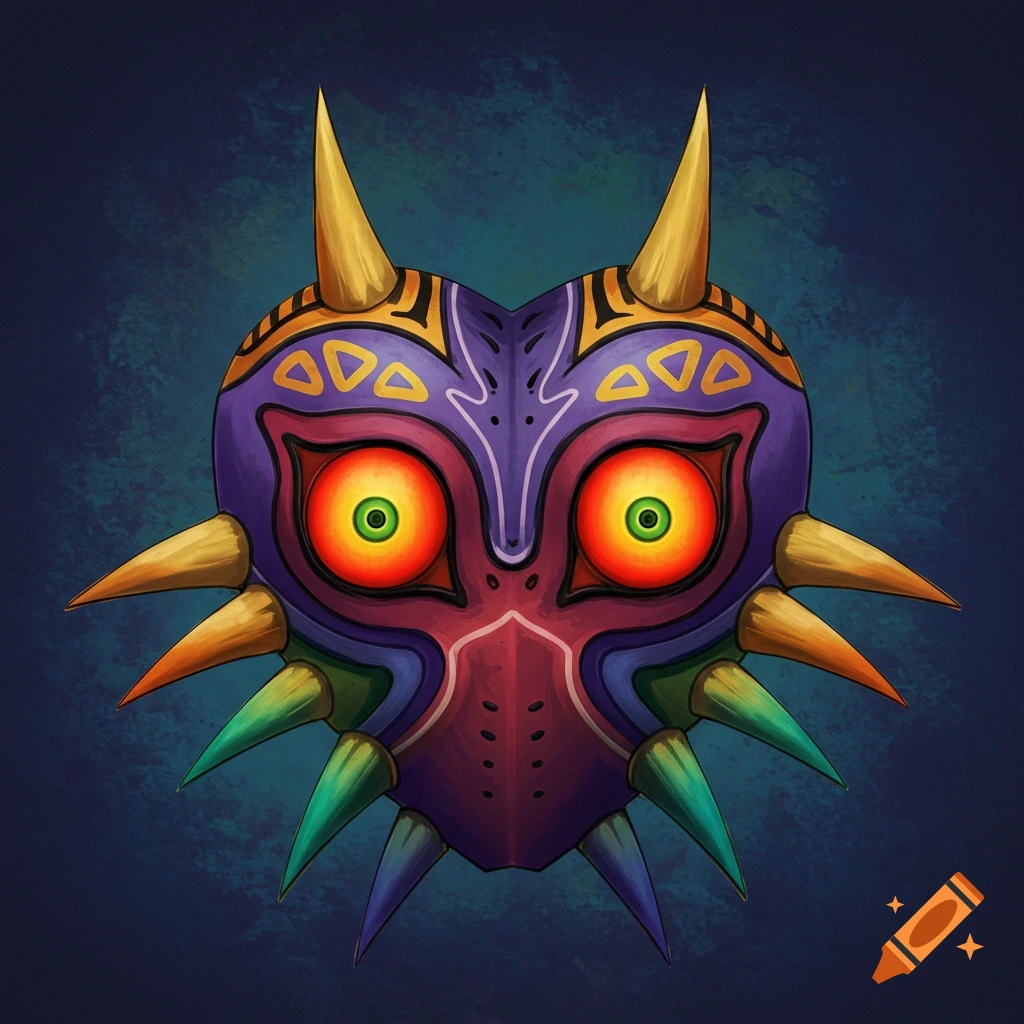 A close-up illustration of the colorful Majora's Mask from The Legend of Zelda.
