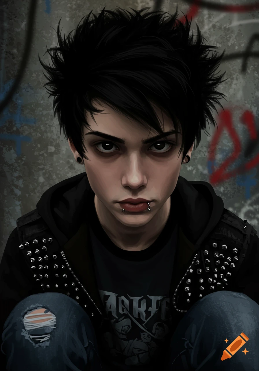 Digital painting of a serious teenage boy with spiky black hair, lip piercing, studded jacket, and band t-shirt.