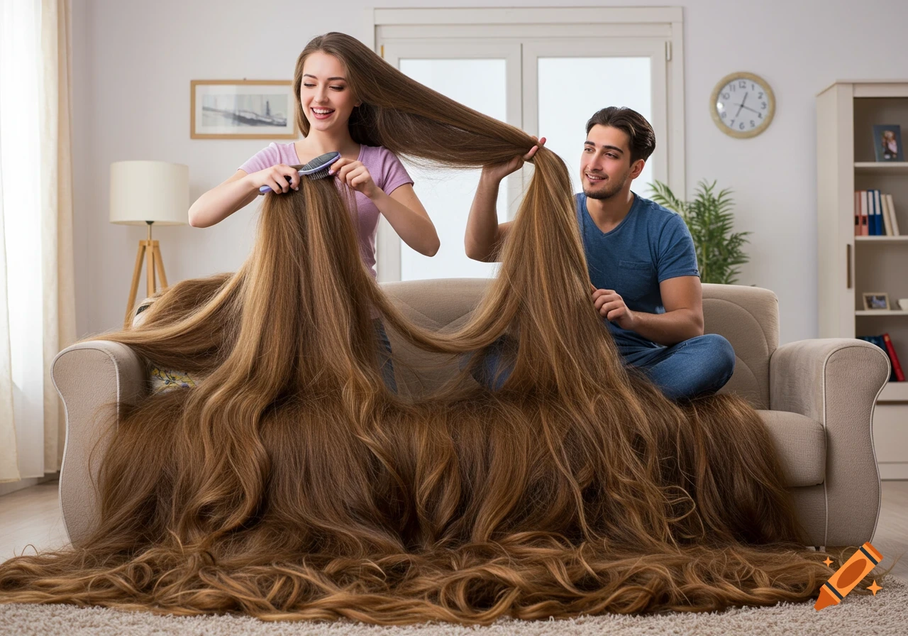 Photorealistic image of a woman brushing her extremely long hair while a man plays with it in a living room.