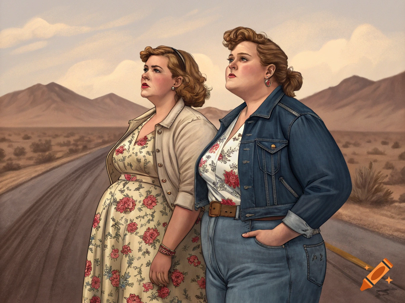 Two women in retro clothing stand by a desert road looking up.