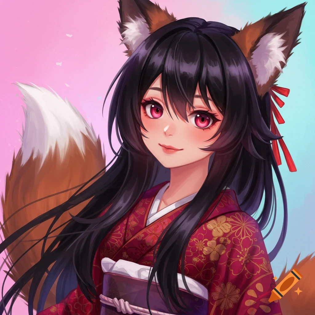 Anime portrait of a kitsune girl with black hair and red eyes wearing a kimono