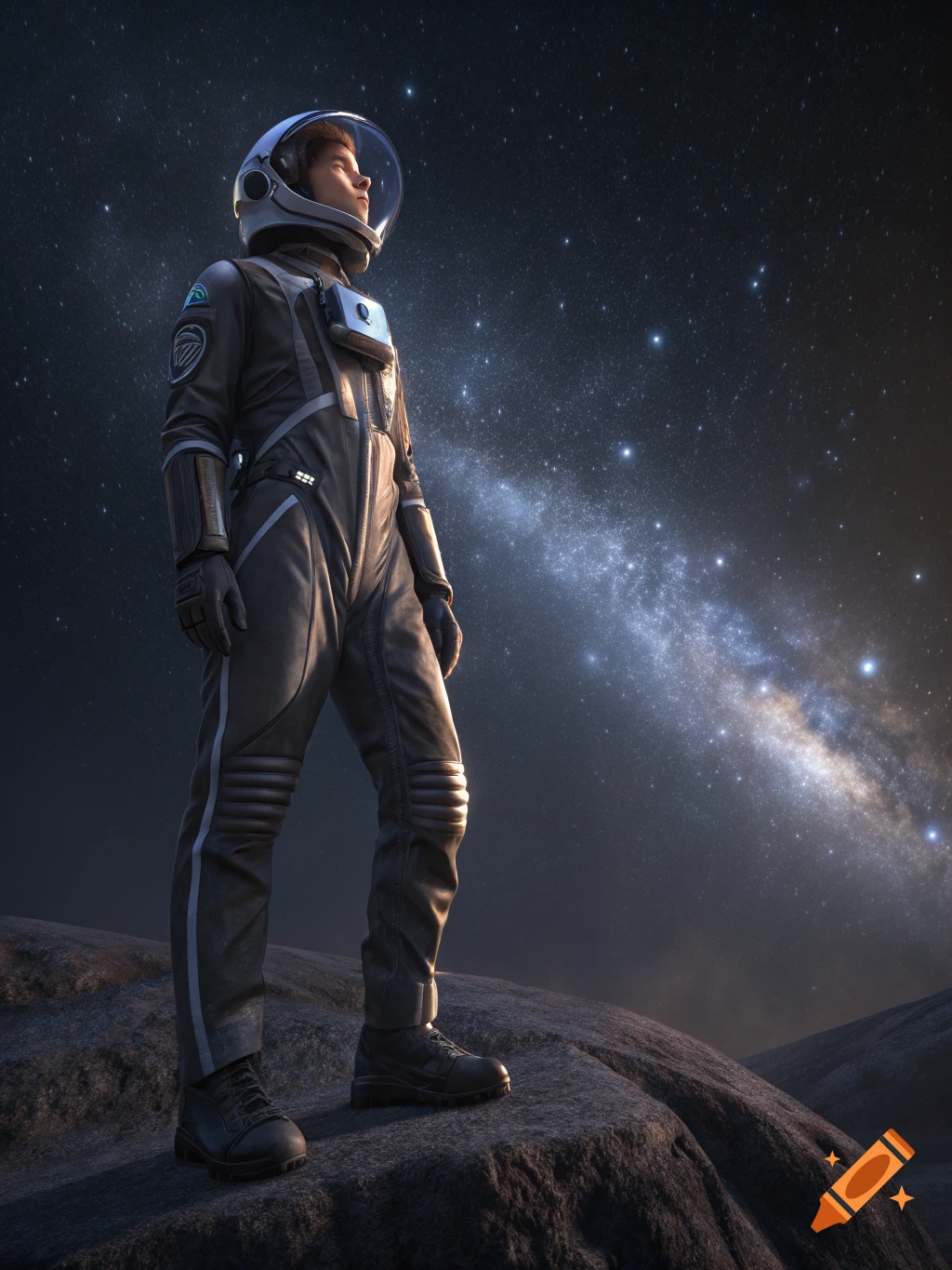 Photorealistic image of an astronaut standing on a rocky planet surface, looking up at the Milky Way galaxy in the night sky.
