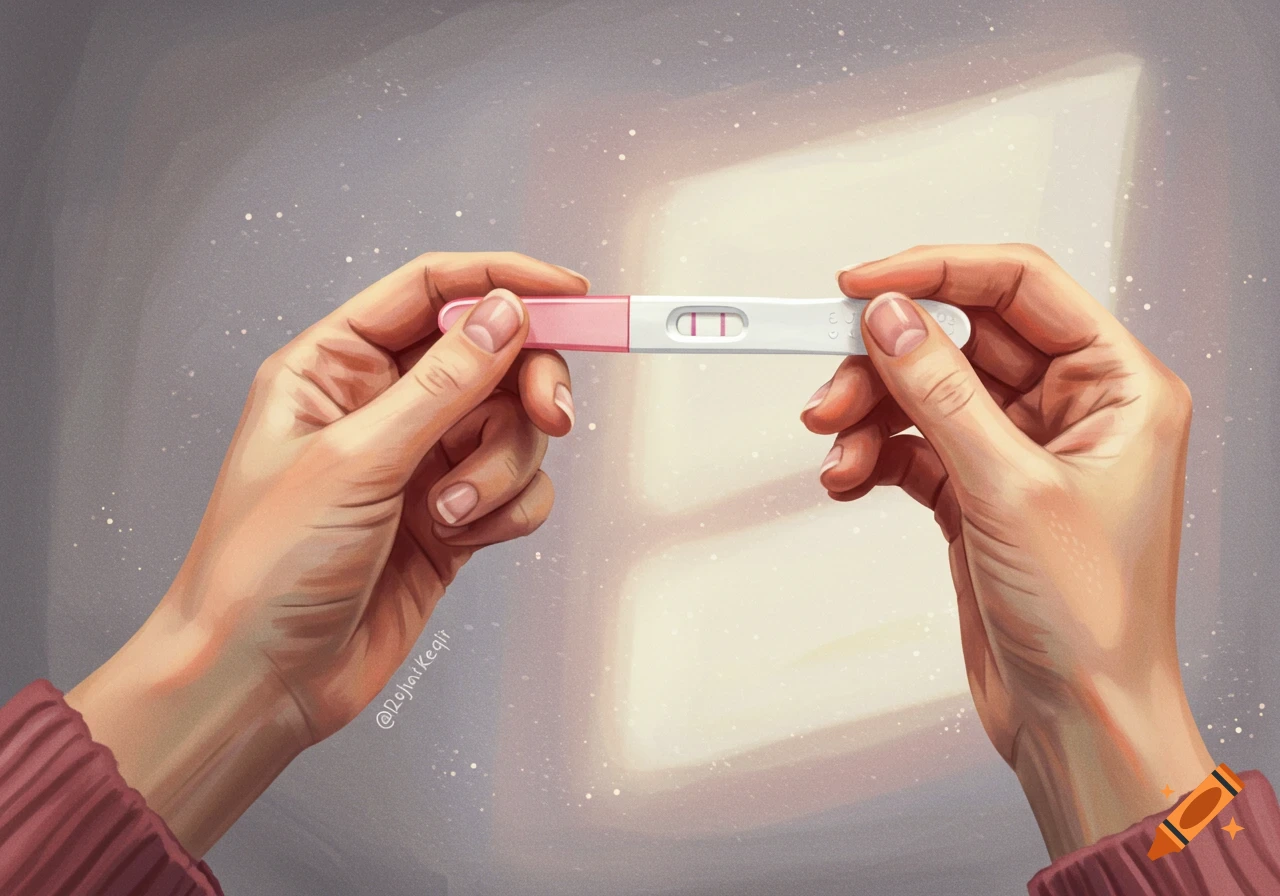 Hands holding a pregnancy test showing a positive result, illustration.