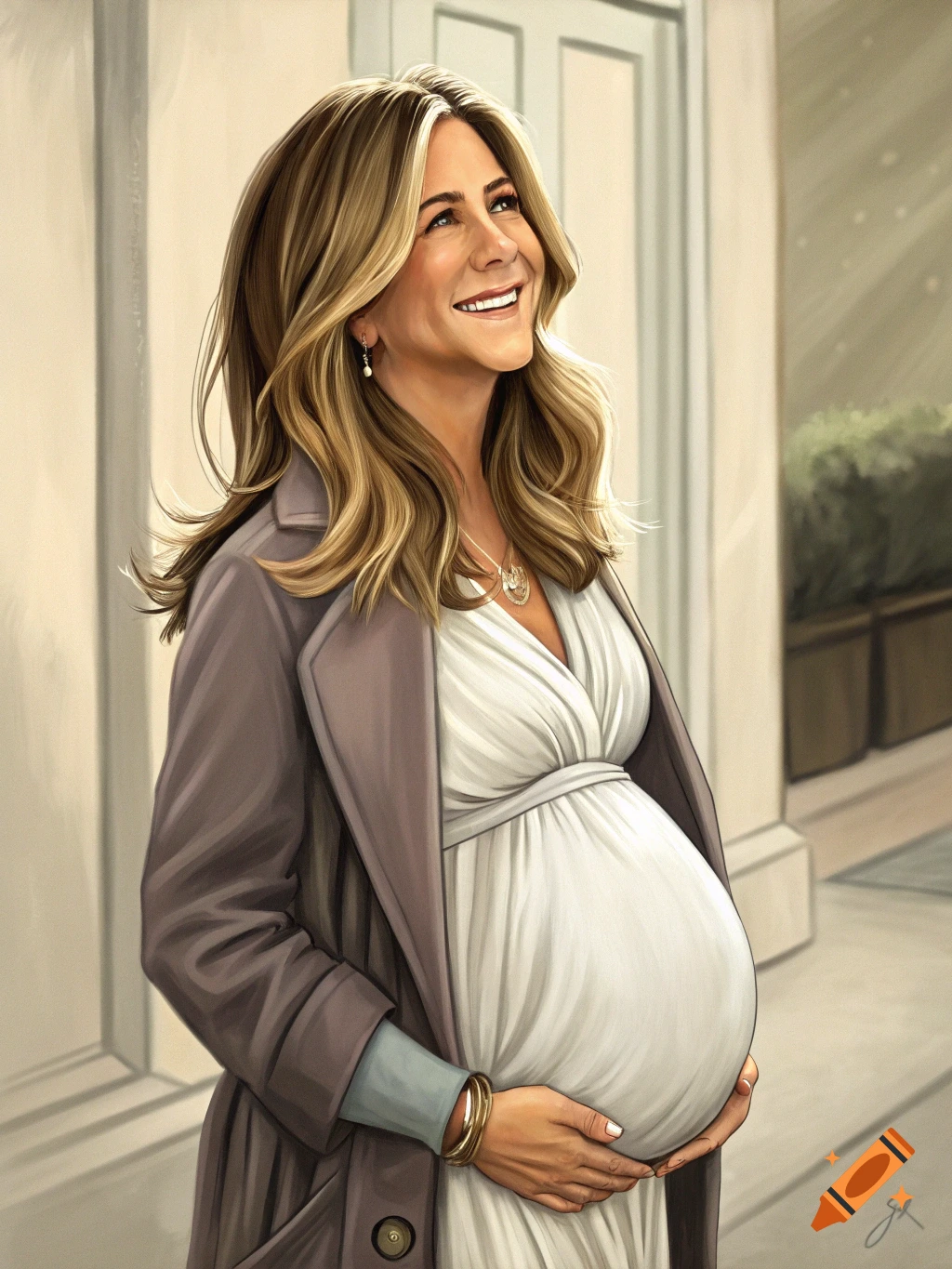 Illustration of a pregnant woman resembling Jennifer Aniston smiling and holding her belly.