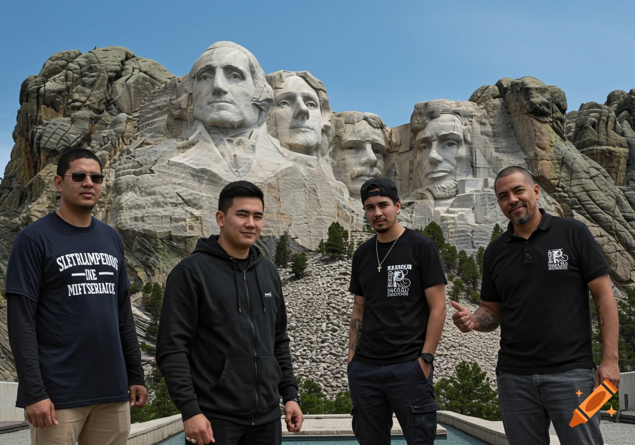 Four men pose in front of Mount Rushmore.