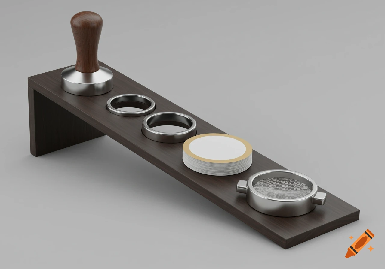 Espresso tamper, dosing ring, filter papers, and puck screen on a tilted wooden organizer.