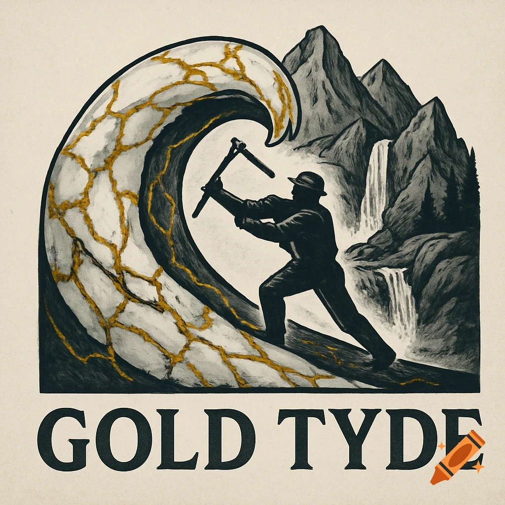 Stylized illustration of a miner hitting a gold-veined wave with mountains and waterfalls, text reads 'GOLD TYDE'.