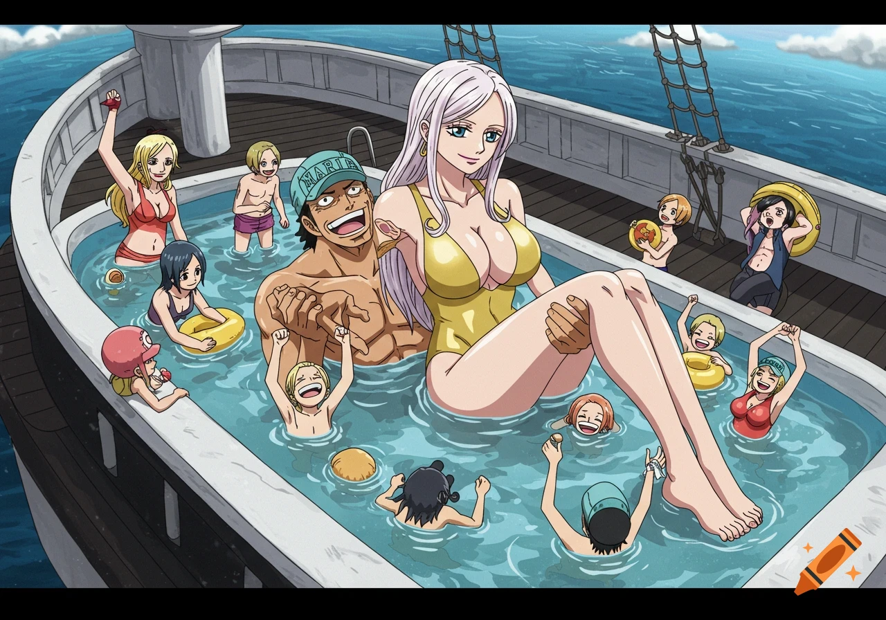 Anime characters in a pool on a ship deck, a large woman in a gold swimsuit is held by a man in a cap, others swim