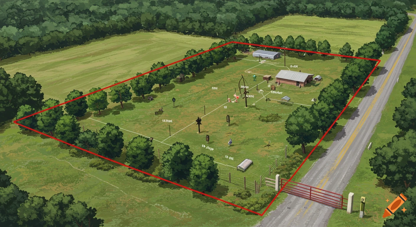 Aerial illustration of a homestead layout with trees, fields, buildings, a road, and a red gate.