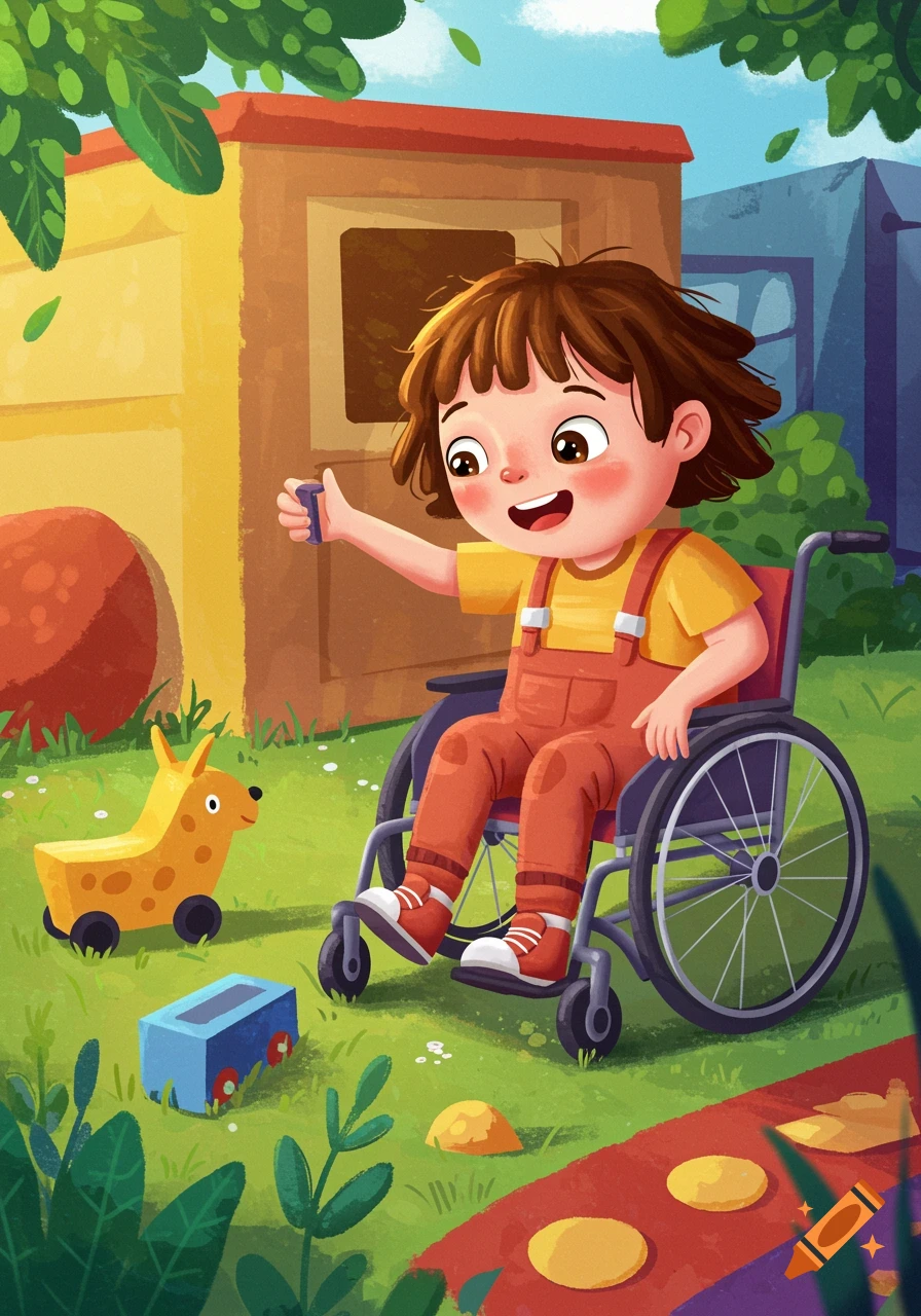 An illustration of a smiling child in a wheelchair playing with wooden toys in a yard.
