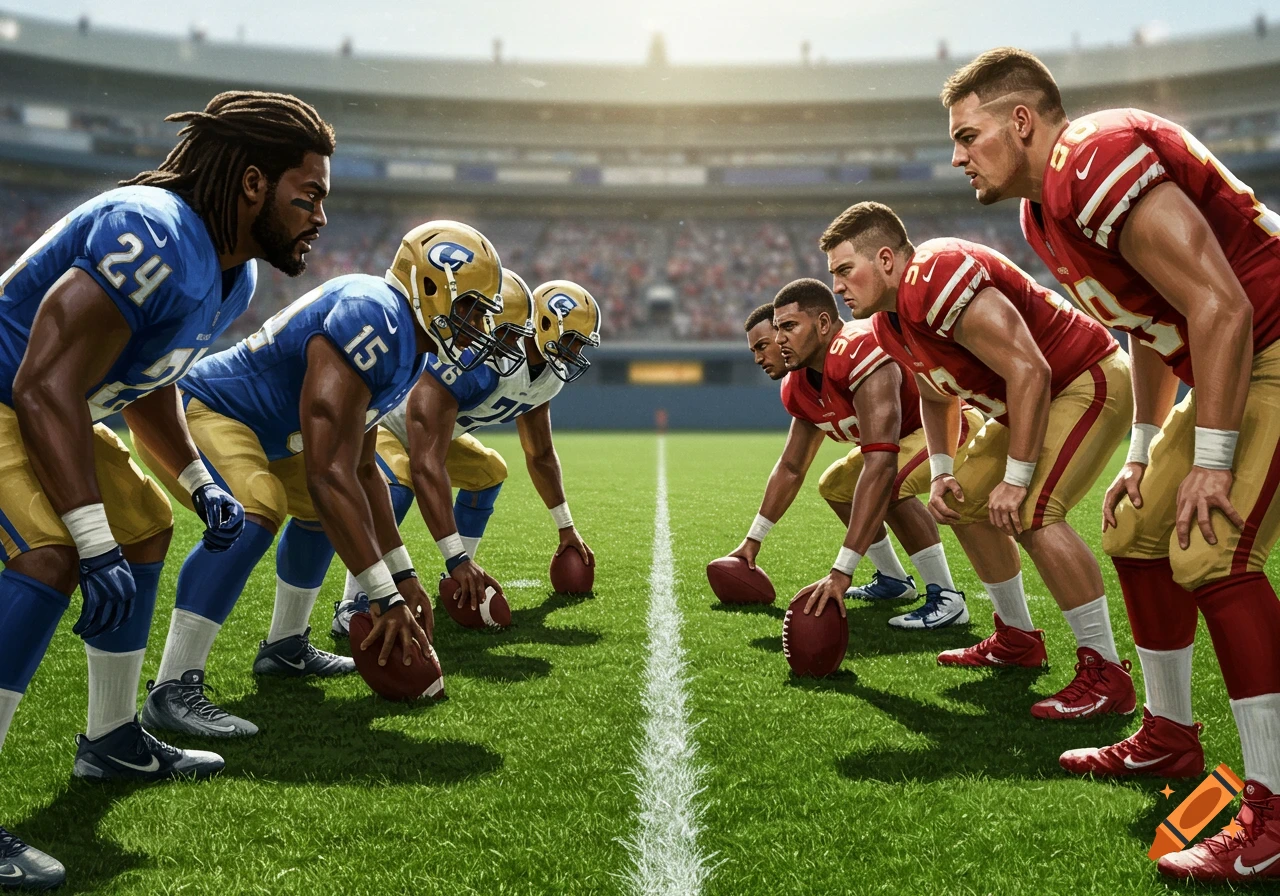 Two football teams in blue and red uniforms face off on the field ...