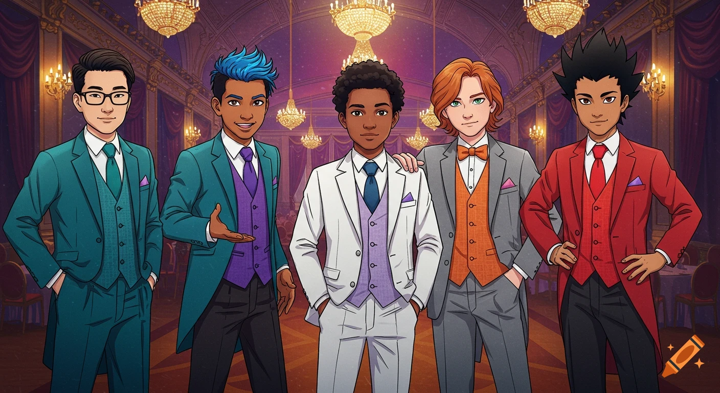Five diverse teenage boys in colorful tuxedos stand together in a cartoonish ballroom, in an anime style.