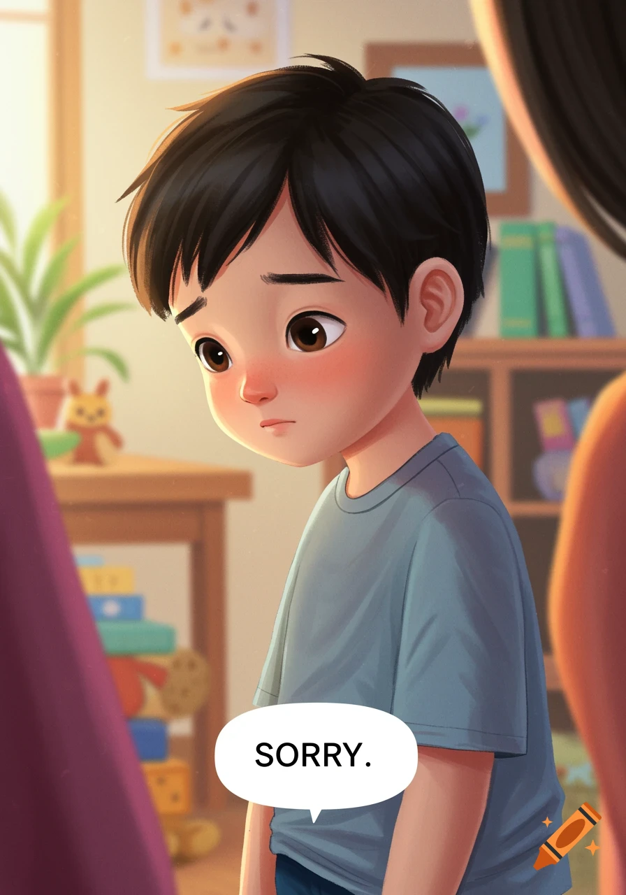 Children's book illustration of a boy saying sorry.