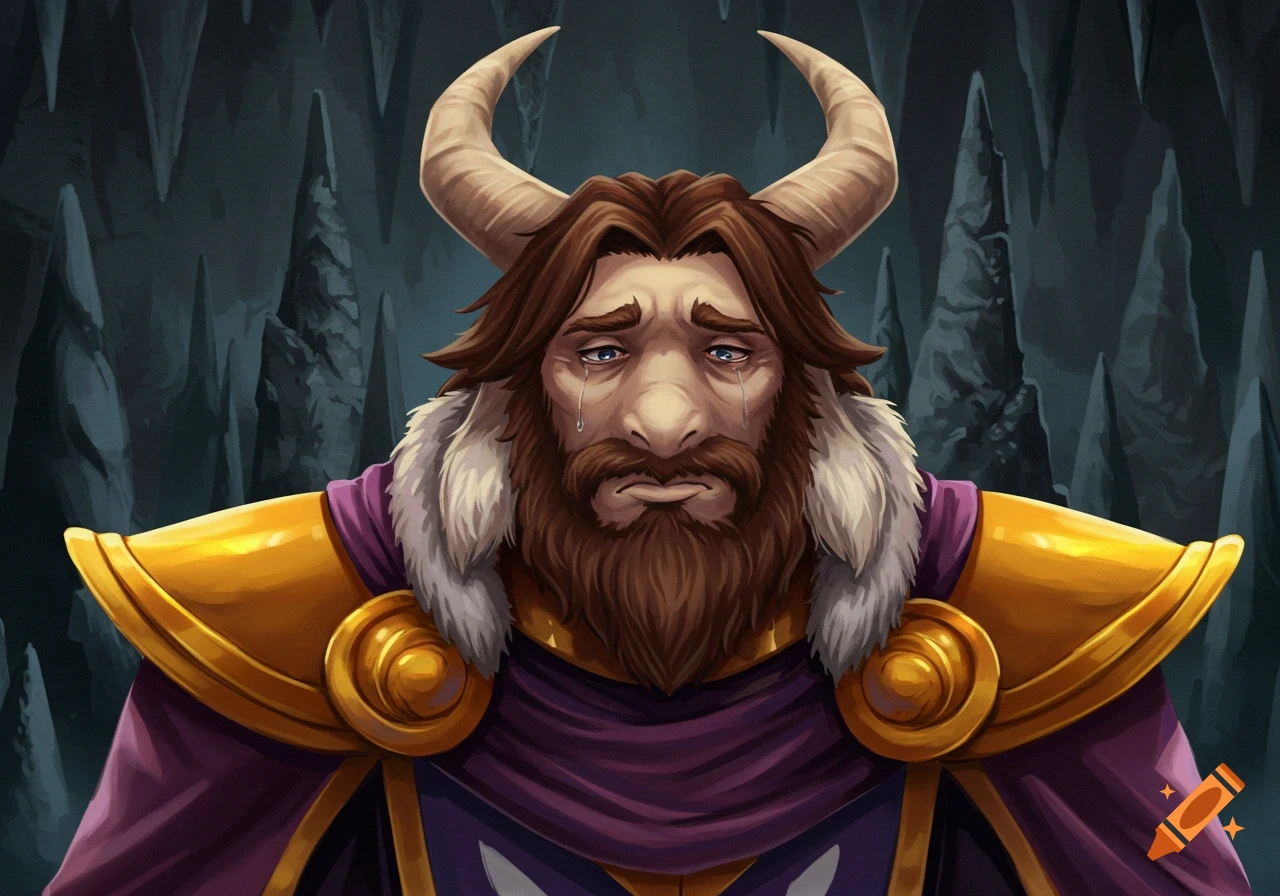 A fantasy character with horns and a beard, wearing golden armor and a purple cape, crying in a cave.