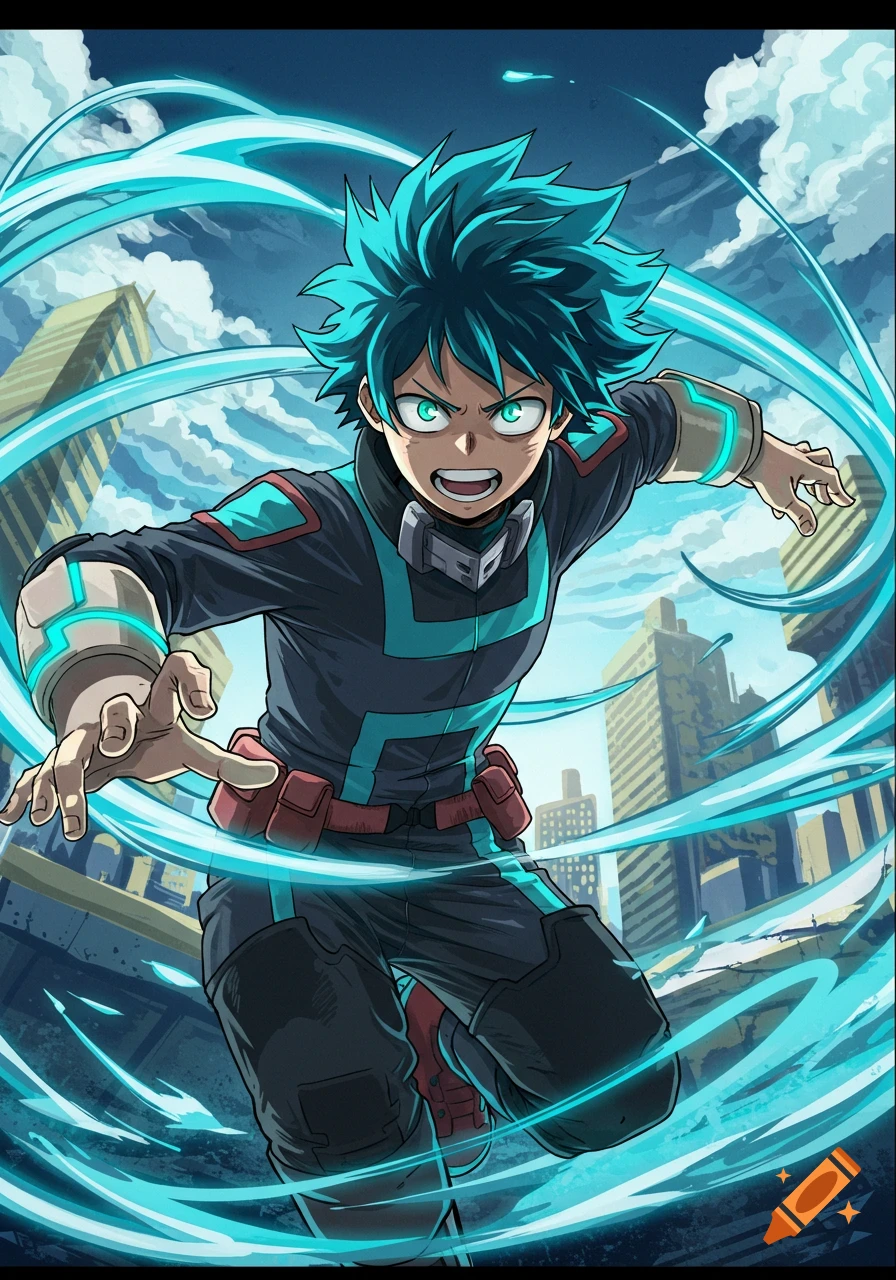 An anime character with green hair in a hero suit surrounded by blue energy