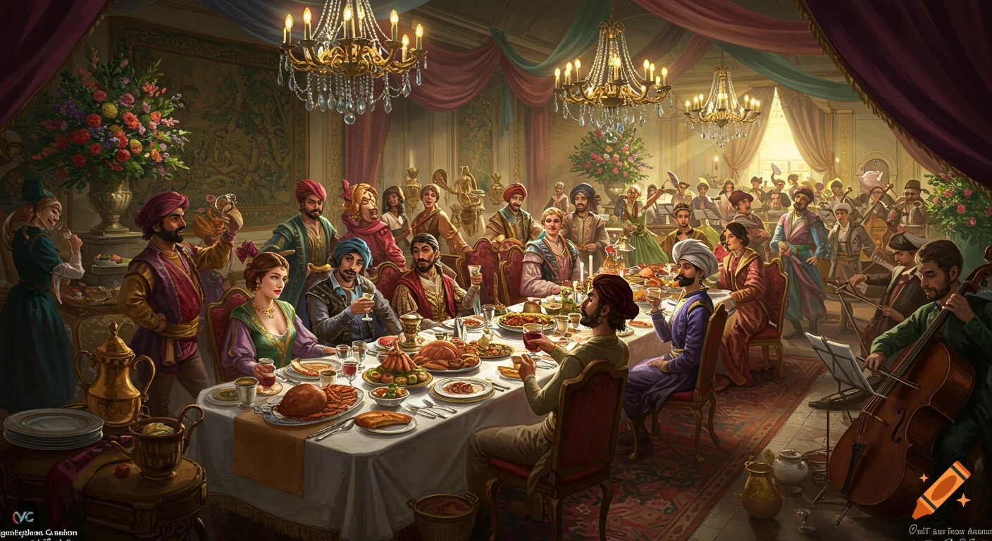 A large, detailed painting depicting an extravagant historical banquet with many people dining and enjoying music in a grand hall.