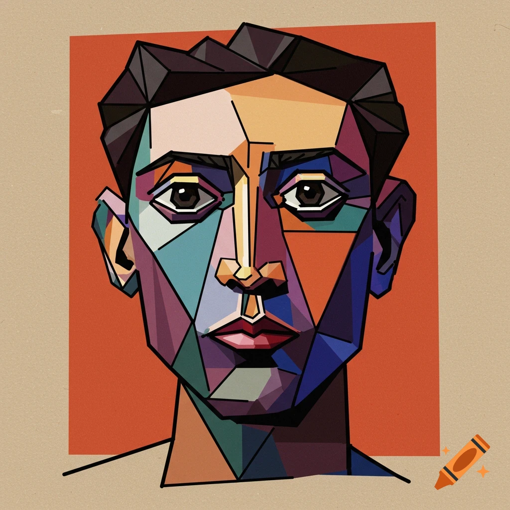 A cubist portrait of a face composed of geometric shapes and colors.
