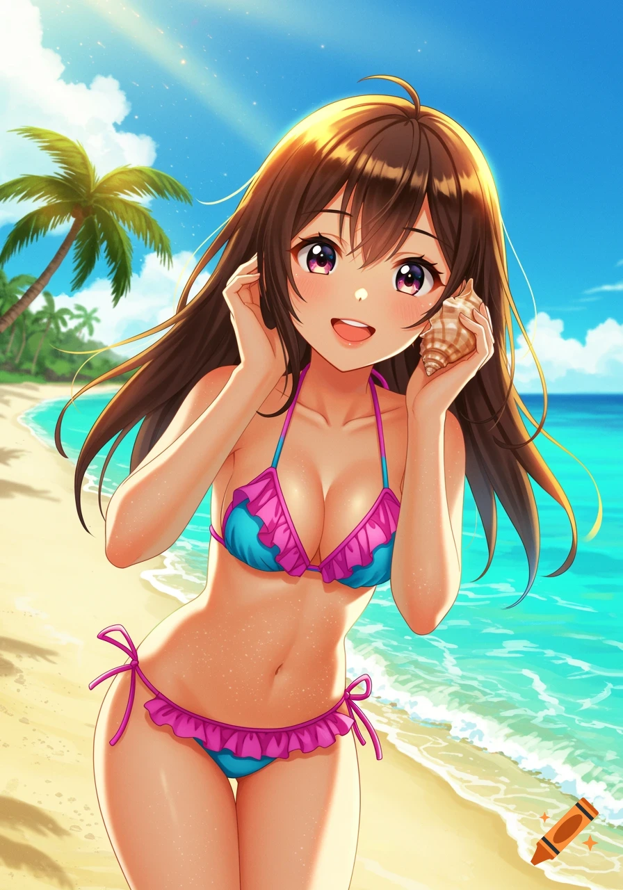 An anime girl in a pink and blue bikini stands on a tropical beach holding a seashell.