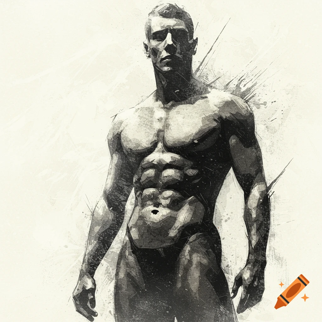 Black and white abstract illustration of a muscular male figure.