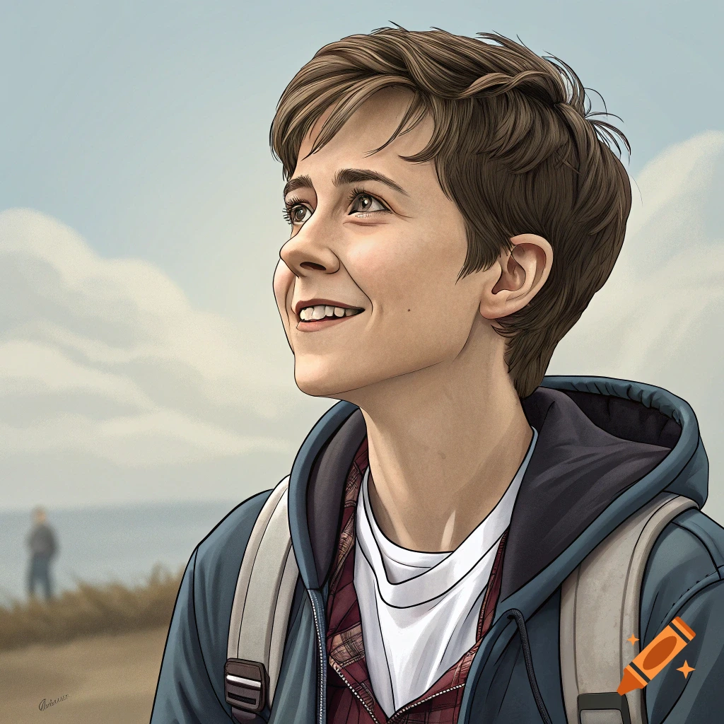An illustration of a young person looking up and smiling outdoors