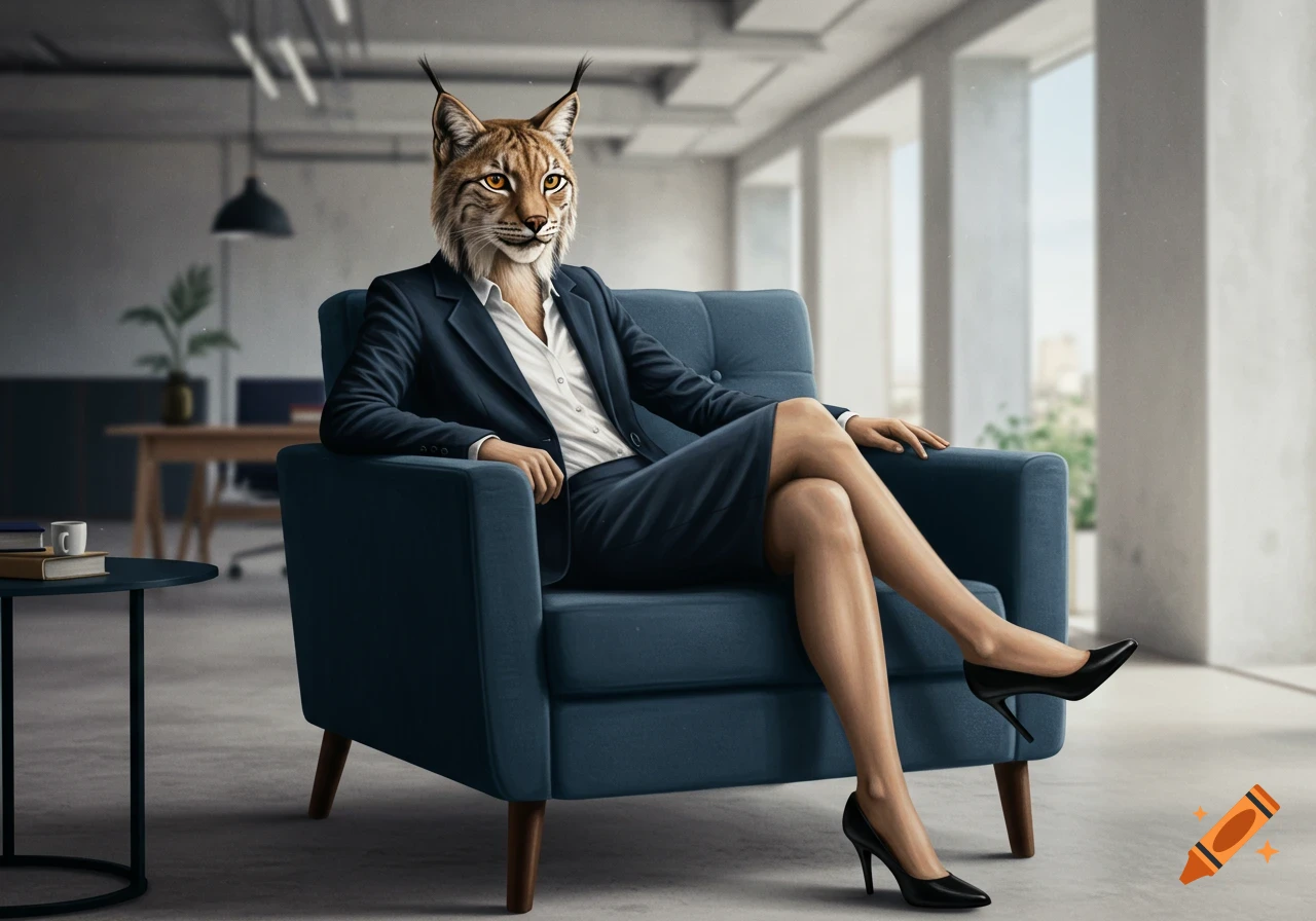 A lynx wearing a dark blue office suit sits in a blue chair in an office.