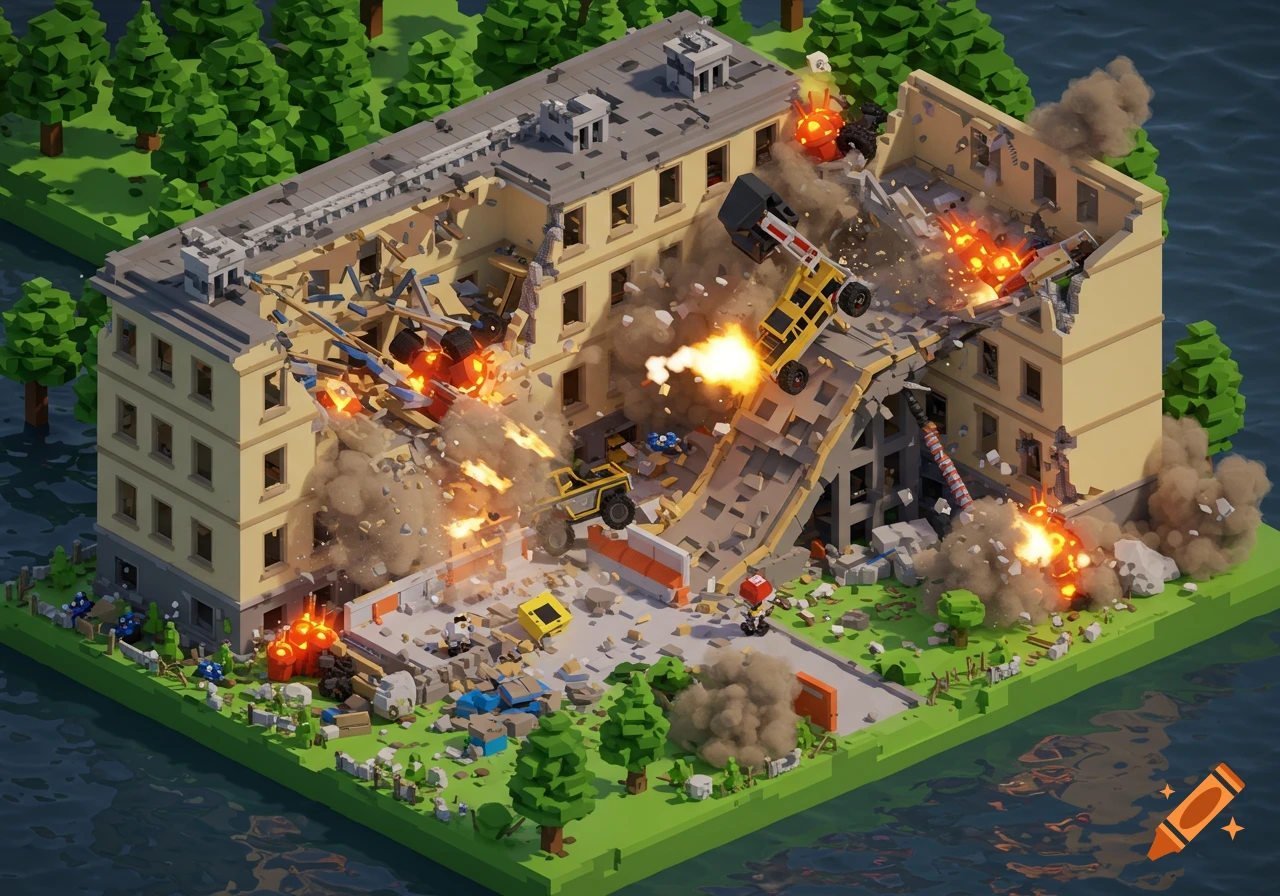 A voxelated building is exploding with cars crashing through it, in the style of the game Teardown.