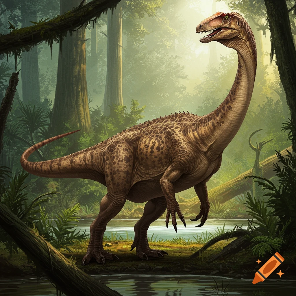 A large dinosaur stands in a misty jungle next to a pond.