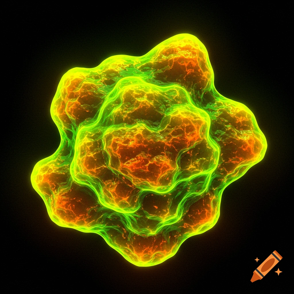 A glowing, amorphous orange and green form against a black background.