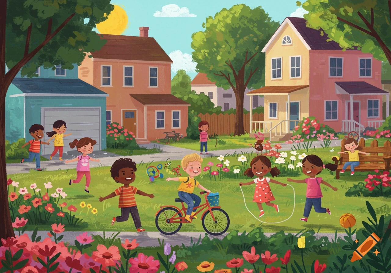 Diverse children play outside in a sunny neighborhood illustration.