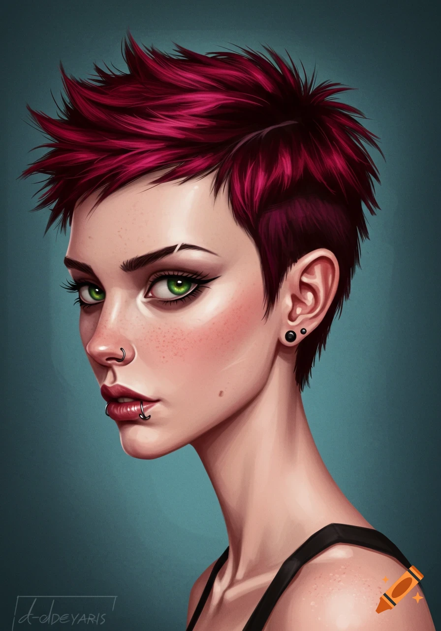 A stylized digital portrait of a woman with short spiky red hair, green eyes, and facial piercings.
