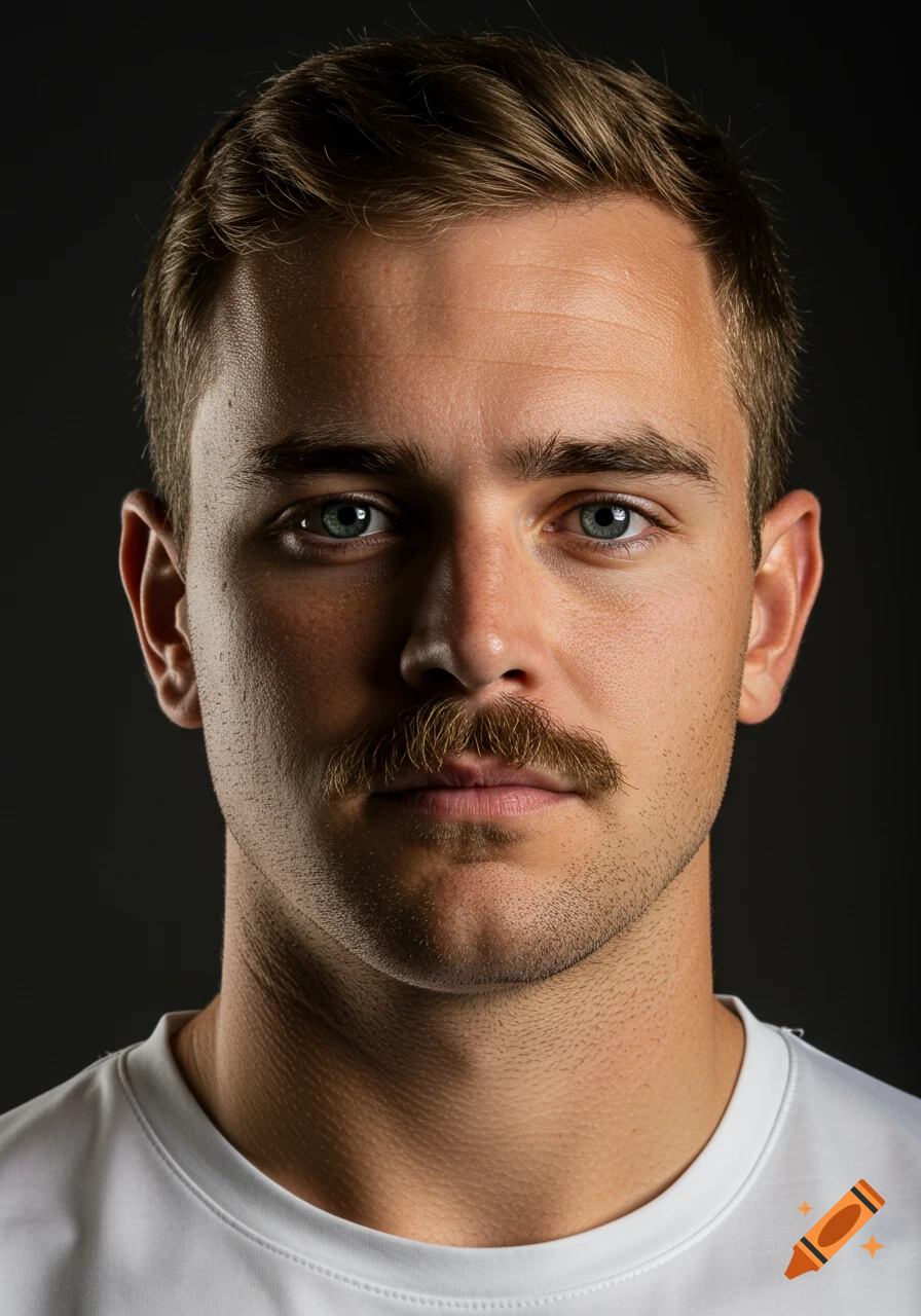 Close-up portrait of a man with a moustache wearing a white t-shirt against a dark background.