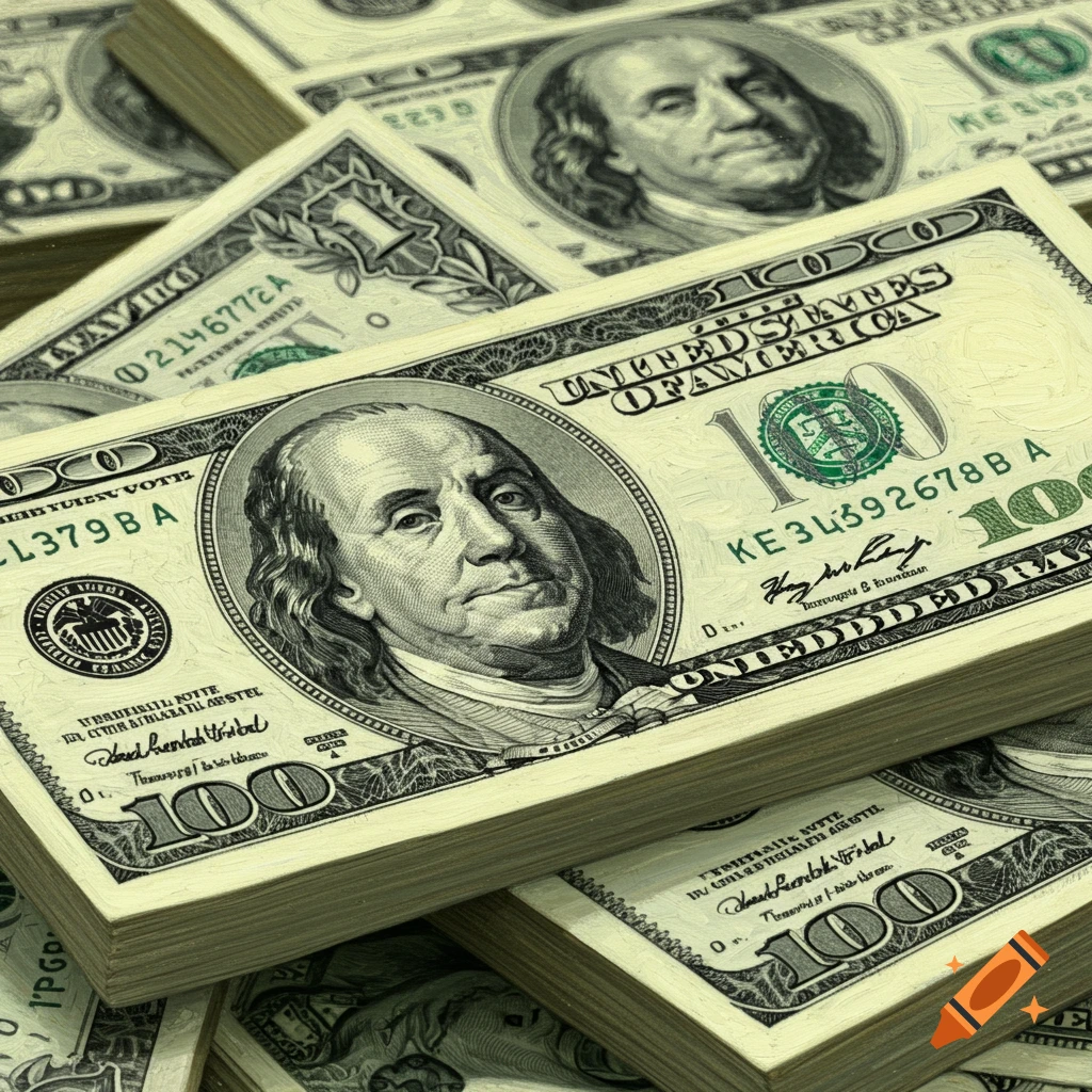 Close-up of stacks of one hundred dollar bills.