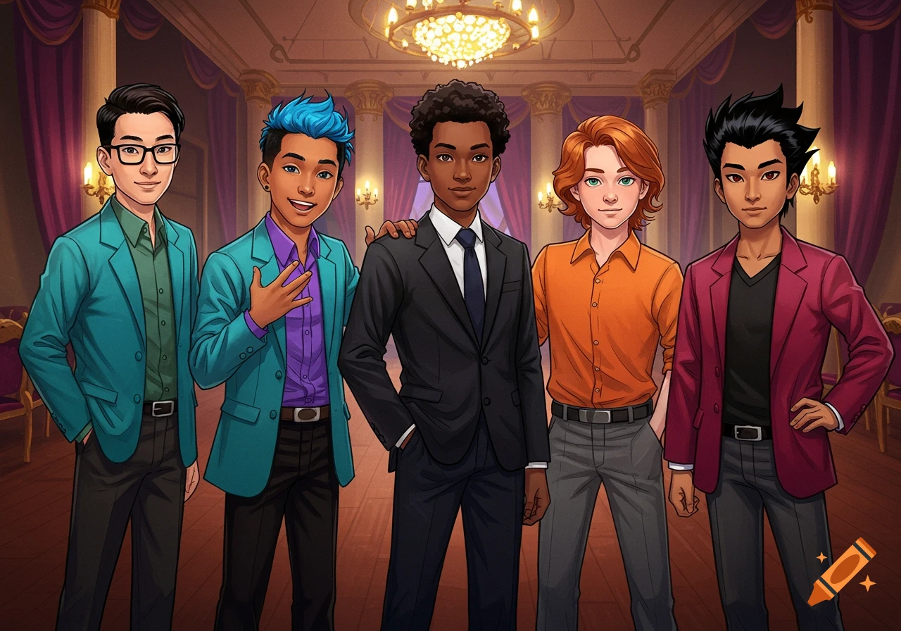 Five diverse teenage boys in cartoon/anime style pose in an opulent ballroom.