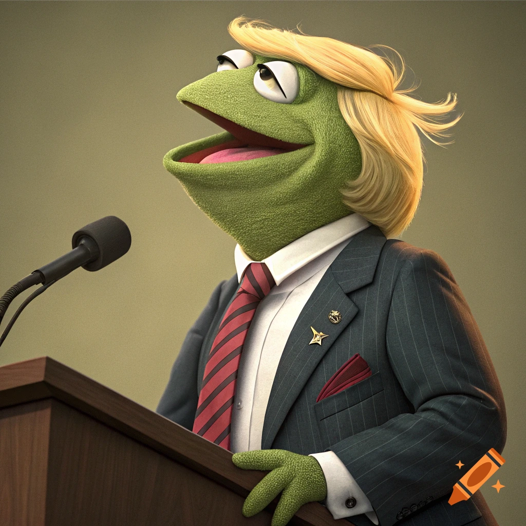 Kermit the Frog depicted as Donald Trump speaking at a podium, wearing a suit and tie.