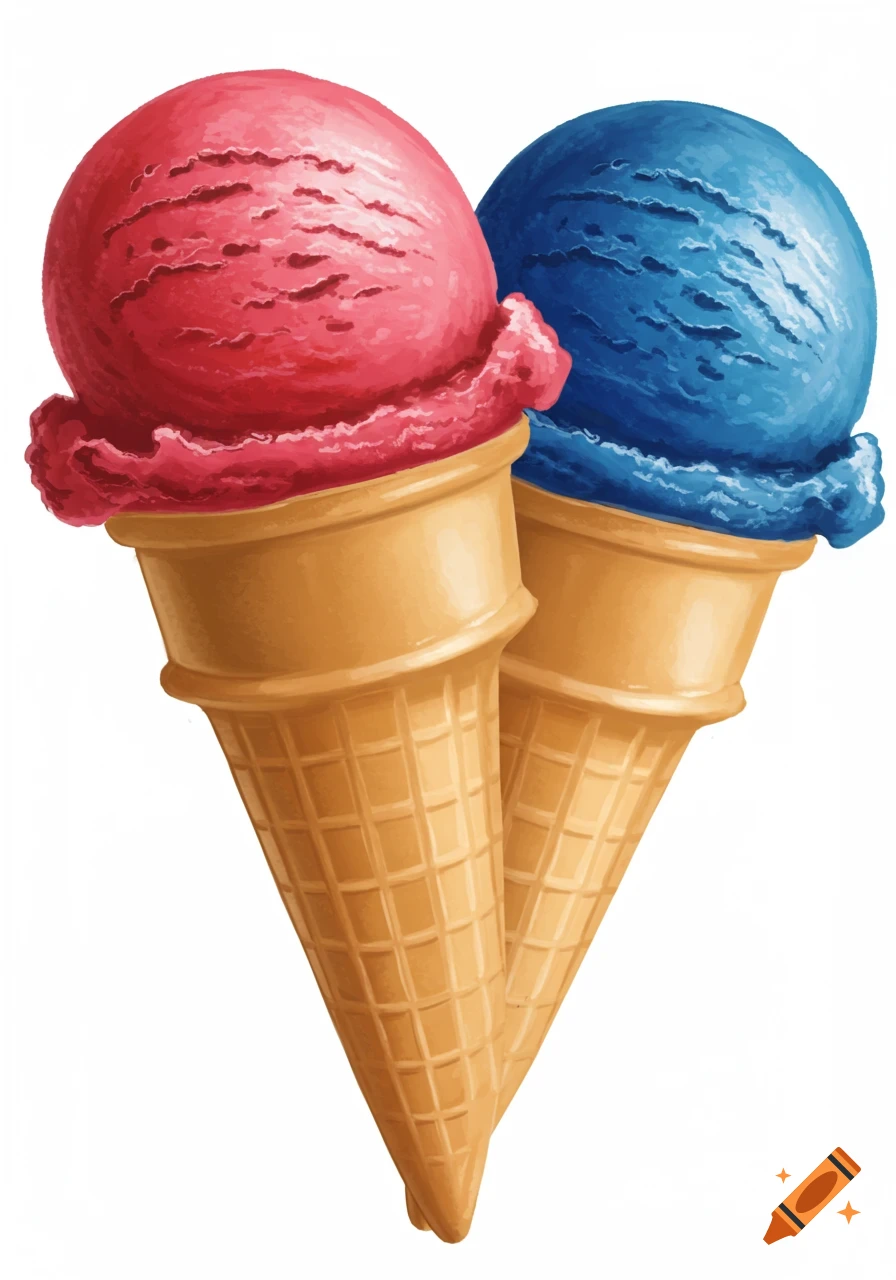 Two waffle cones with red and blue ice cream scoops on a white background, illustration.