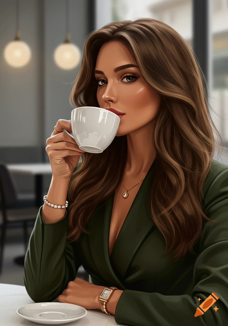 A stylized portrait of a sophisticated woman drinking coffee in a cafe.