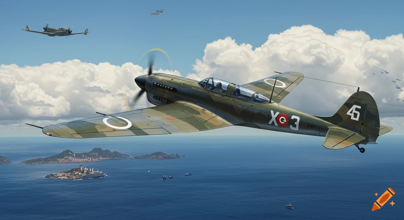 World War II era fighter plane flying over tropical islands and ocean.
