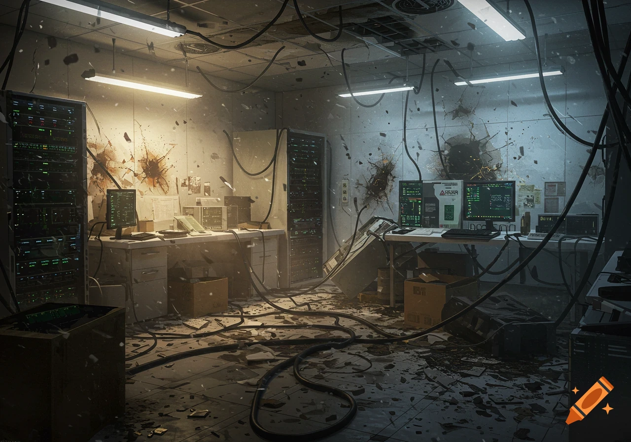 A heavily damaged computer lab with debris, fallen ceiling tiles, broken monitors, and tangled wires.