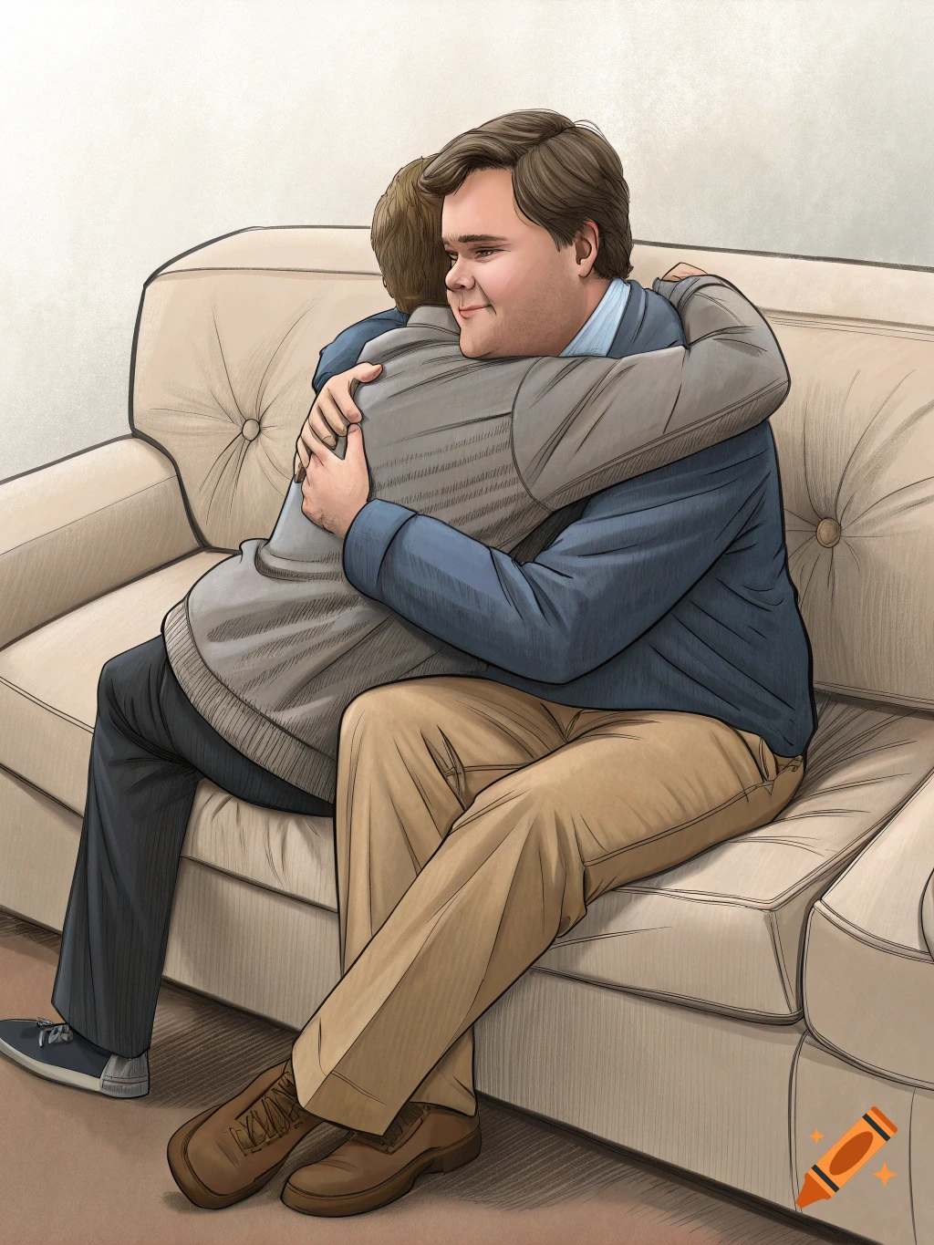 Illustration of two people hugging on a sofa.